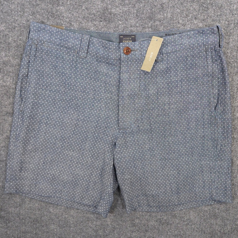 J Crew Stanton Shorts Mens 32 Blue Polka Dot Chambray 7" Inseam Chino Preppy NEW